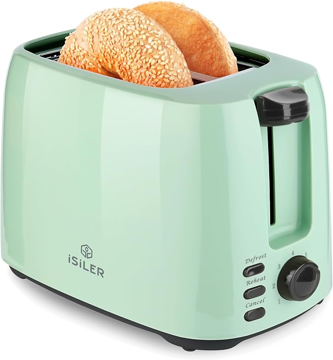 iSiLER 2 Slice Toaster 1.3 Inches Wide Slot Bagel Toaster with 7 Shade Settings and Double Side Baking Removable Crumb Tray Defrost Cancel Function Green