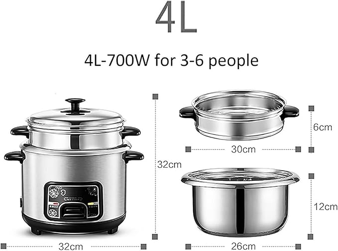 THEGA Rice Cooker - Stock Pot With Steamer Basket Rice Cooker And Steamer Warm Function (2/3/4/5L) 201 Stainless Steel Liner With Spatula And Measuring Cup for 1-7 People (Size : 4L)