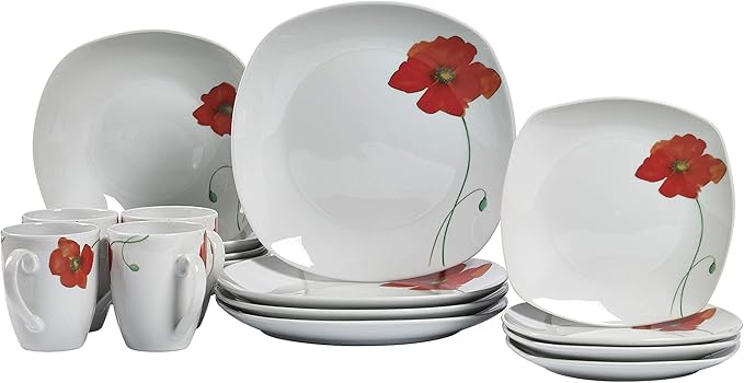 Tabletops Gallery Poppy - 16 Piece Square Dinnerware Set Service of 4