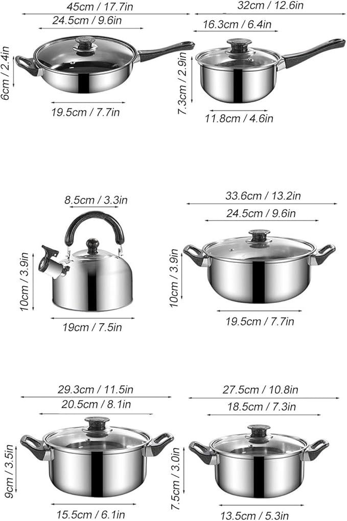 Pots and Pans Set Non Stick Stainless Steel Cookware Sets Kitchen Cooking Set Saucepan Stock Pot Non Stick Frying Pan Tea Kettle
