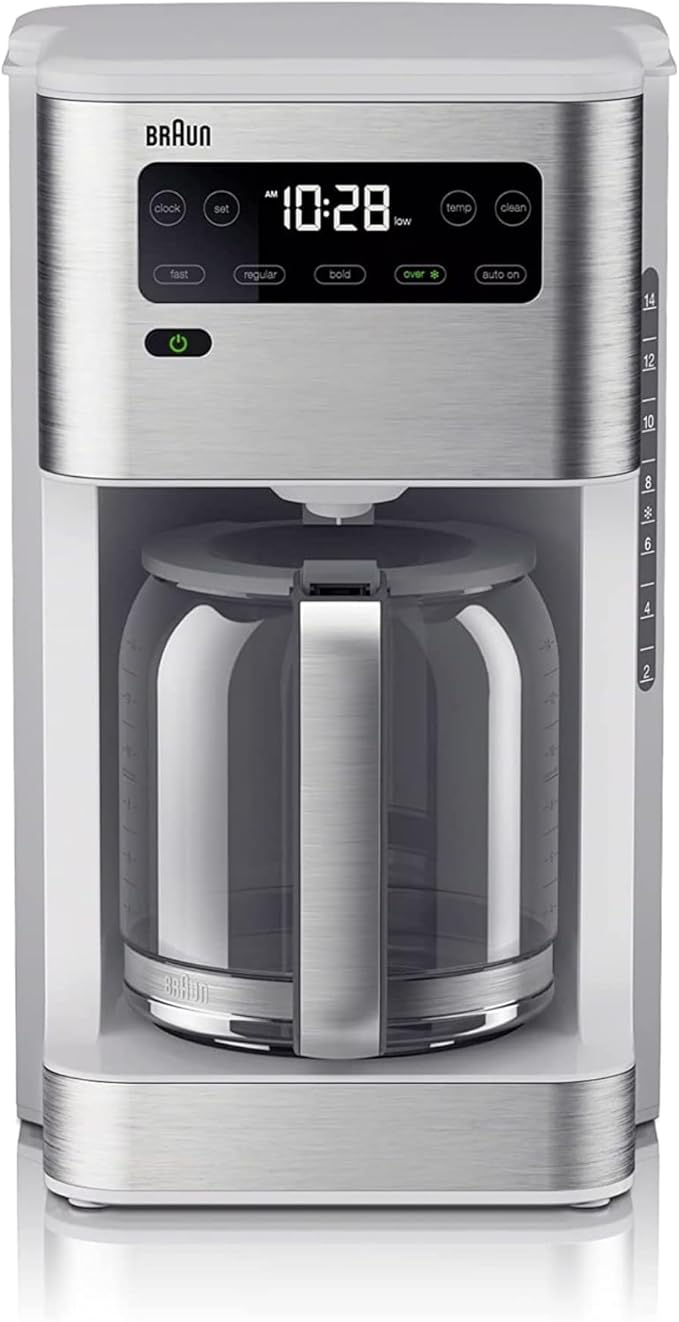 Braun PureFlavor 14‑Cup Programmable Coffee Maker – Fast Brew Speed Touch Display Bold &amp Brew‑Over‑Ice Modes FlavorCarafe &amp Adjustable Warm Plate White