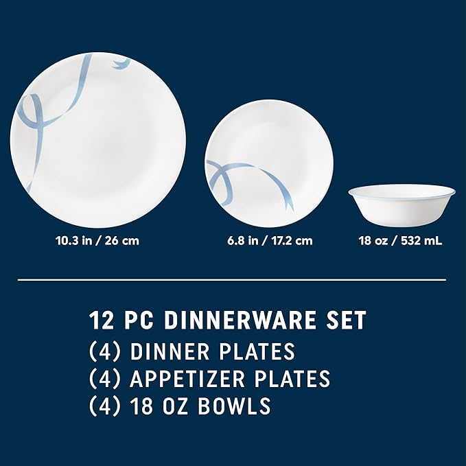 12-Piece Premium Triple-Layer Glass Dinnerware Set Service for 4 Classic Blue Ribbon Pattern Design Chip and Crack Resistant Tableware for Daily Dining Dishwasher and Microwave Safe Kitchen Essent