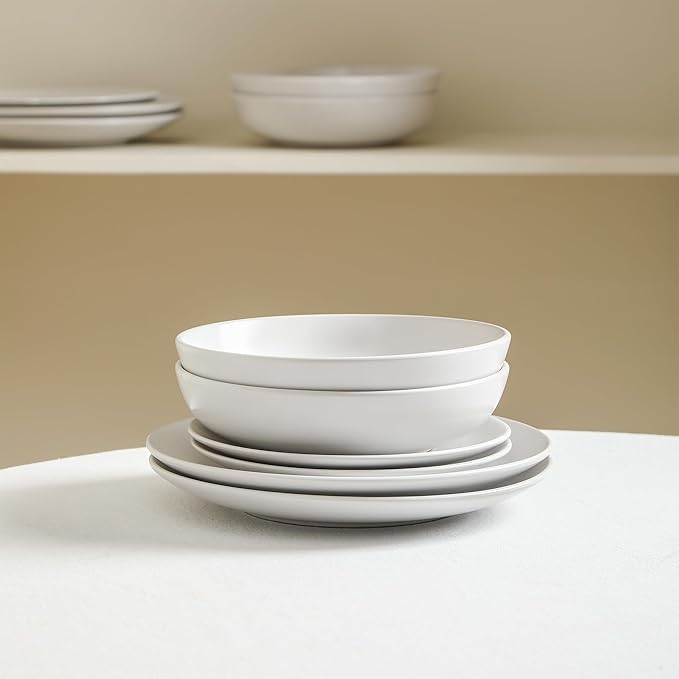 Earth &amp Clay Mia 12-Piece Stoneware Dinnerware Set Plates and Bowls Set Dishwasher and Microwave Safe Dish Set for 4 White