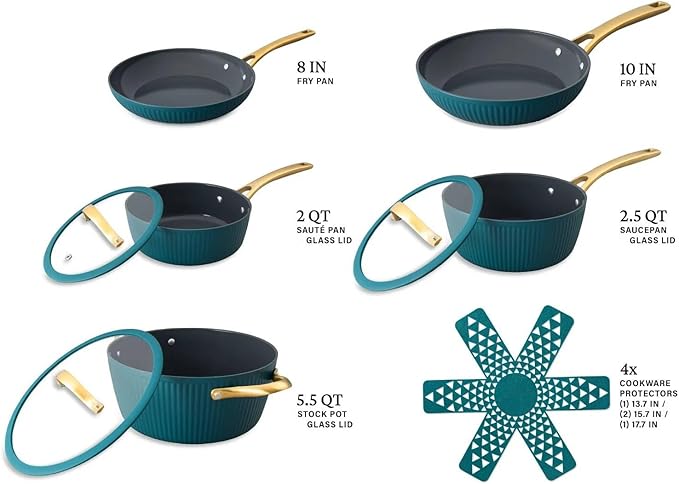 12 Pc Ceramic Cookware Set Nonstick Pots Pans and Fry Pans – Ceramic Non-Stick Ribbed Cookware Set Ergonomic Stay Cool Handles 446°F Oven Safe Dishwasher Safe (Peacock Blue)