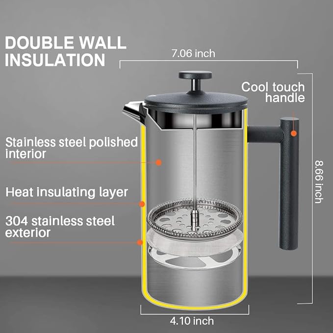 Secura French Press Coffee Maker 304 Grade Stainless Steel Insulated Coffee Press with 2 Extra Screens 34oz (1 Litre) Black