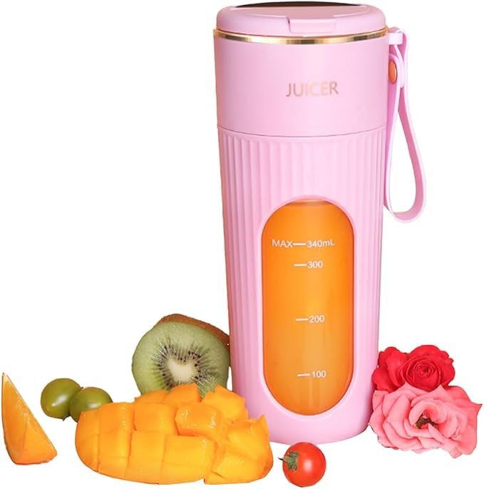Personal Blender for Smoothies and Shakes12oz Cordless Juice Blender with 14 BladesPortable Juicer Cup with Digital DisplayUSB Rechargeable for Kitchen Office Gym Travel (Pink)