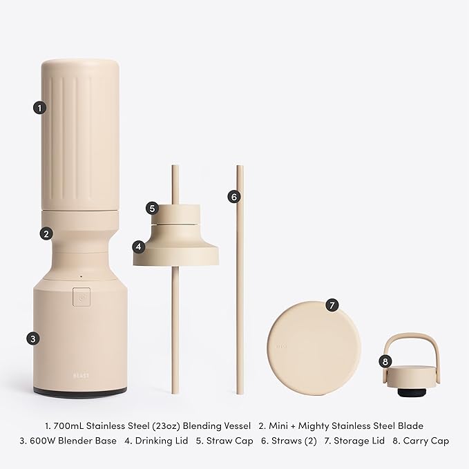 Beast Mini 600 Stainless Steel | Mini Countertop Kitchen Blender | Insulated Stainless Steel Vessel | Smoothies Shakes Dressings Sauces Dips | Portable Straw Caps and Lids | 600W (Sand)