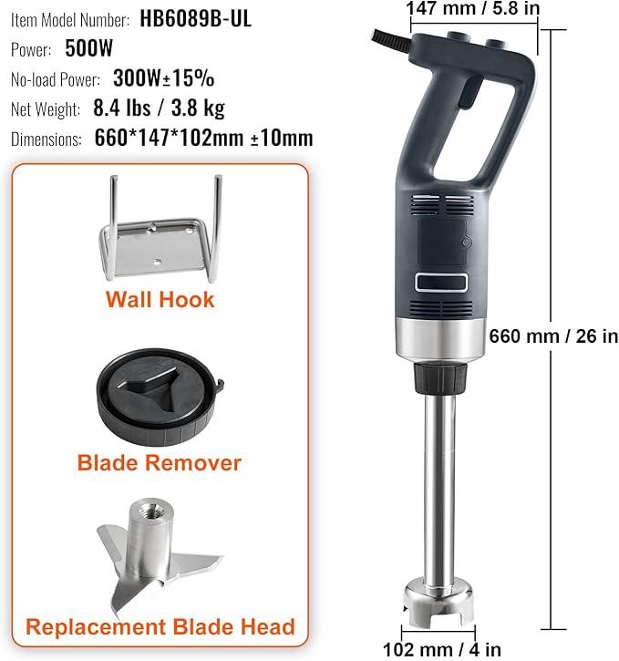 Happybuy 500W Commercial Immersion Blender Heavy Duty Hand Mixer with Variable Speed 304 Stainless Steel Blade Portable Kitchen Mixer for Soup Smoothie Puree Baby Food