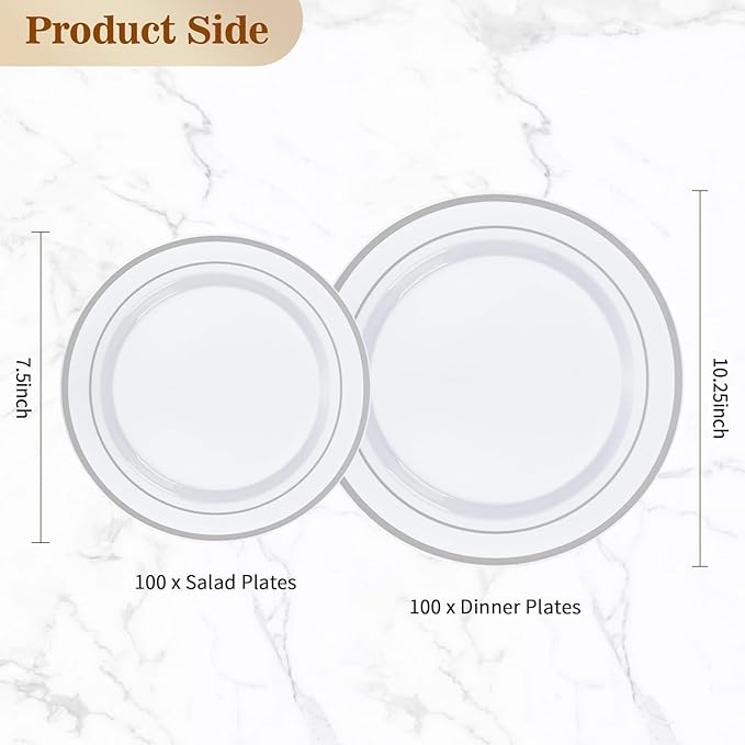 BESTVIP 200PCS Silver Plastic Plate Disposable Party Plates with 100 Dinner Plates and 100 Dessert Plates Plastic Plates for Party Wedding and Birthday