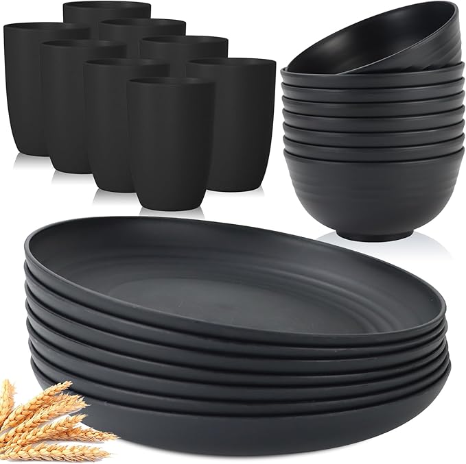 Homienly Wheat Straw Dinnerware Set of 24 Service for 8 Plates and Bowls Sets Unbreakable Drinking Cup Reusable Lightweight Dinnerware Set for Kitchen (Black)