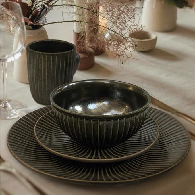 Artesa Organics Shell Café Ceramic Dinnerware Set Handmade 4-Piece Place Setting – Plate Bowl Mug – Black Metallic Artisan Design