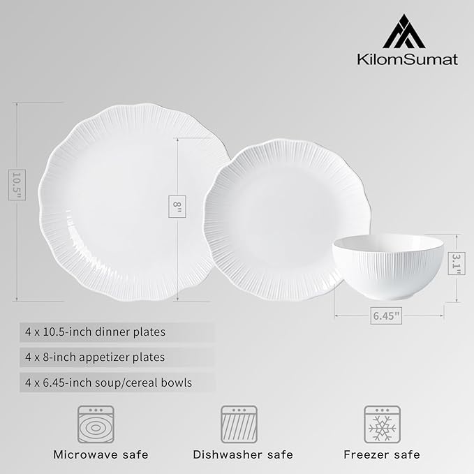Porcelain Dinnerware Sets for 4 12 Piece Plates and Bowls Set Scratch-Resistant Microwave &amp Dishwasher Safe Dishes Kitchen and Dining Dishware