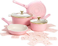Nonstick Cast Aluminum Cookware Set with Ceramic Coating Pink Fry Pans Saucepan &amp Dutch Oven (10-Piece set)