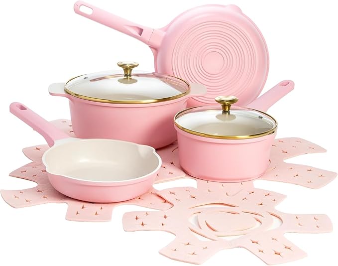 Nonstick Cast Aluminum Cookware Set with Ceramic Coating Pink Fry Pans Saucepan &amp Dutch Oven (10-Piece set)