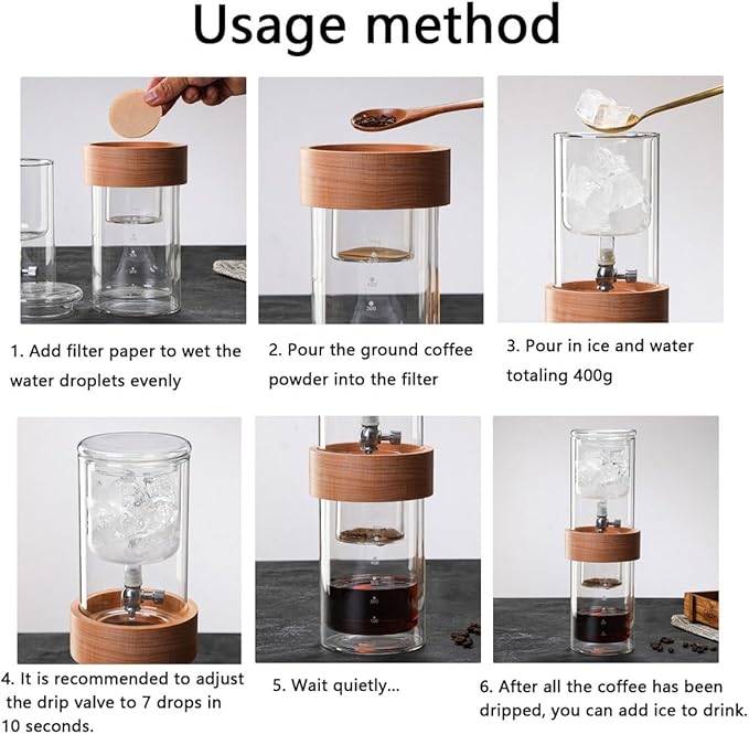 Ice Drip Coffee PotCold Brew Coffee MachineCold Drip Coffee Cold Brew Drip Tower500ML/17oz Double Glass Cold Brew Iced Coffee BrewerKitchen Bar Drip Pot Ice Cold Drinking Pot