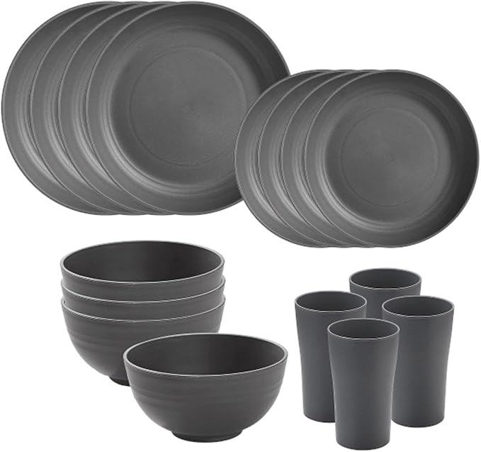 16Pcs Dinnerware Sets Dessert Plates Unbreakable Dishes for Camping RV Hotel Household Gray