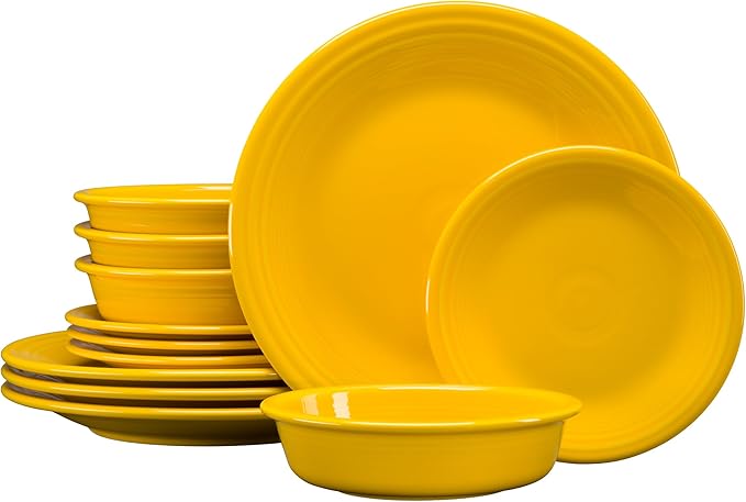 Fiesta® Classic Rim 12-Piece Dinnerware Set – Durable Ceramic Lead-Safe Dishwasher/Microwave/Oven Safe – Made in USA Dinnerware - Daffodil