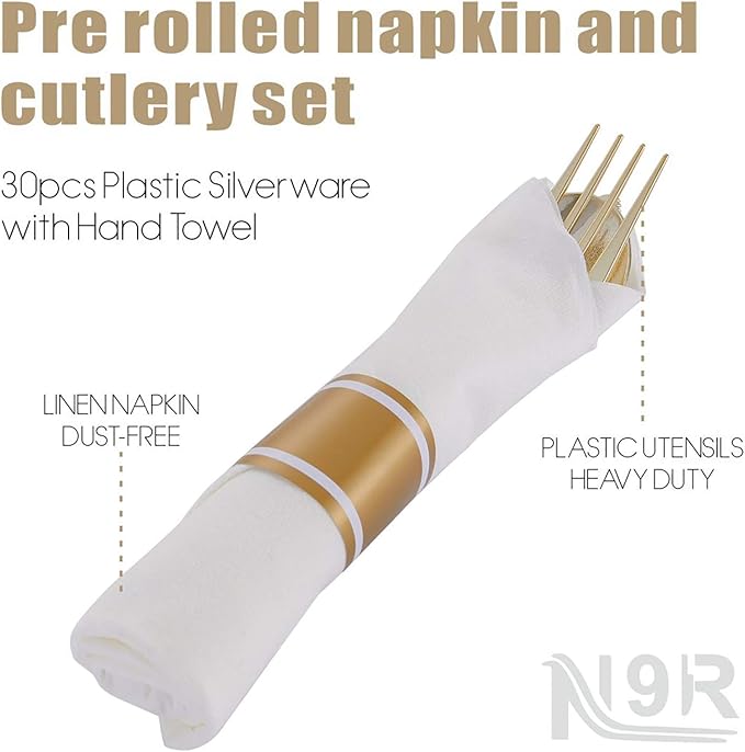 N9R 30 Pack Pre Rolled Gold Plastic Cutlery Set Wrapped Plastic Silverware Set with 30 Forks 30 Knives 30 Spoons and 30 Napkins Disposable Cutlery Set for Party and Wedding