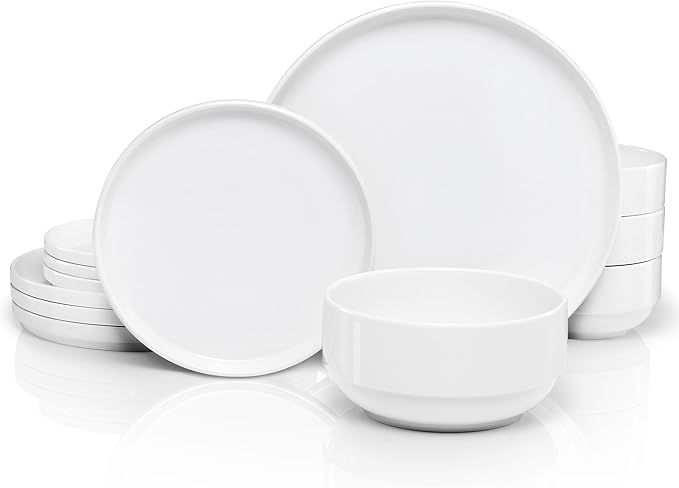 Ceramic Dinnerware Set 12-Piece Service for 4 Soup Bowls (31.5 oz) Salad Plates (7.5) Dinner Plates (10.5) Round Microwave and Dishwasher Safe White Cambridge Classics