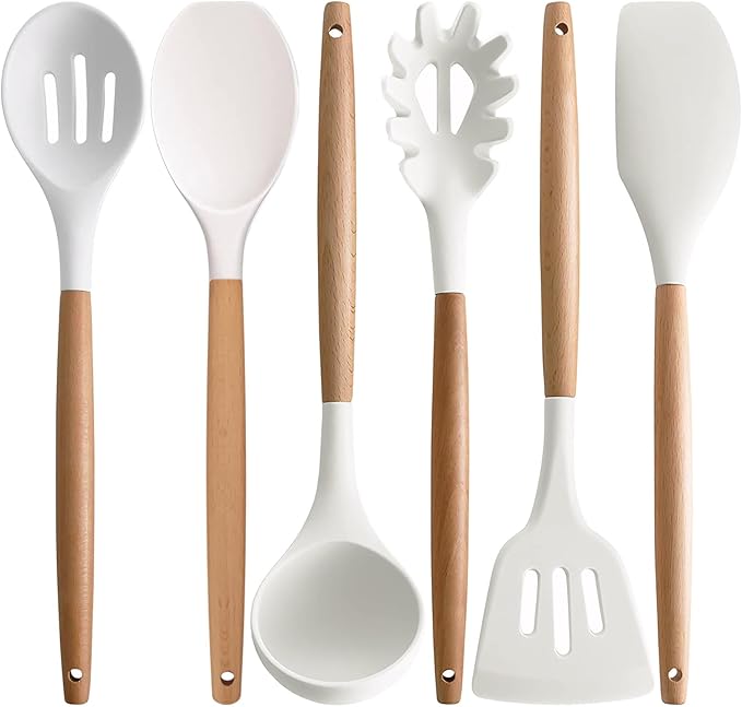 Kitchen Cooking Utensils Set 6Pcs Non-Stick Silicone Kitchen Utensils Spatula Spoon Turner Ladle Pasta Server Heat Resistant Wooden Handle Silicone Cooking Gadgets Sets for Cookware &amp Baking