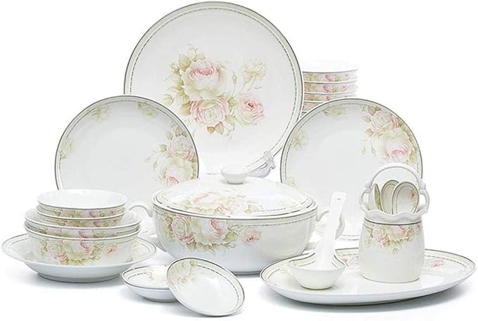 Elegant Flowers Pattern Ceramics Combination Tableware Set of 46 Pieces Plates Bowls Dish Soup Pot Dinner Set for Banquet Wedding Gifts