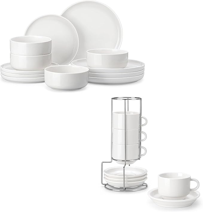 MALACASA Plates and Bowls Sets bundle with 2.5 OZ Porcelain Espresso Cups with Saucers and Metal Stand Set of 4 12 Pieces Porcelain Dinnerware Sets Dishware Sets