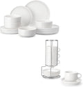 MALACASA Plates and Bowls Sets bundle with 2.5 OZ Porcelain Espresso Cups with Saucers and Metal Stand Set of 4 12 Pieces Porcelain Dinnerware Sets Dishware Sets