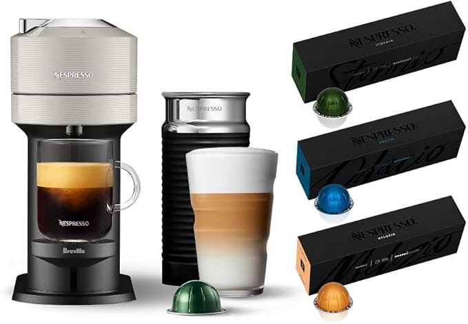 Nespresso Vertuo Next Coffee and Espresso Machine with Aeroccino NEW by Breville Light Grey and Espresso Maker Capsules VertuoLine Medium and Dark Roast Coffee 30 Count Coffee Pods