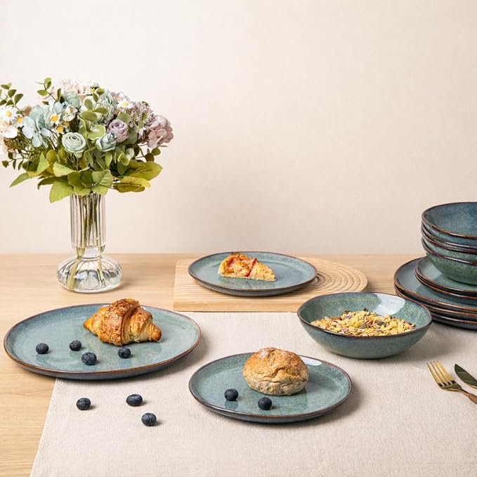 AmorArc Ceramic Dinnerware SetsHandmade Reactive Glaze Stoneware Plates and Bowls SetsHighly Scratch Resistant | Dishwasher &amp Microwave Safe Dishes SetService for 4 (12pc)