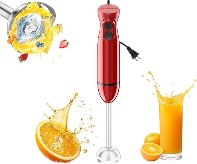 Bonsenkitchen Red Immersion Hand Blender 2-Speed Stick Mixer for Smoothies Soup &amp Baby Food Portable Electric Blender with Stainless Steel Blades Easy Clean