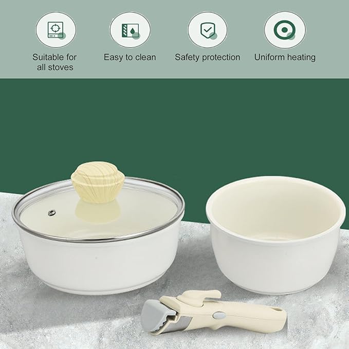Nonstick Kitchen Cookware Sets 3PCS Pots and Pans Set with Removable HandleKitchen Outdoor Camping Stackable Metal Soup Pot Pans Dishwasher Safe Beige
