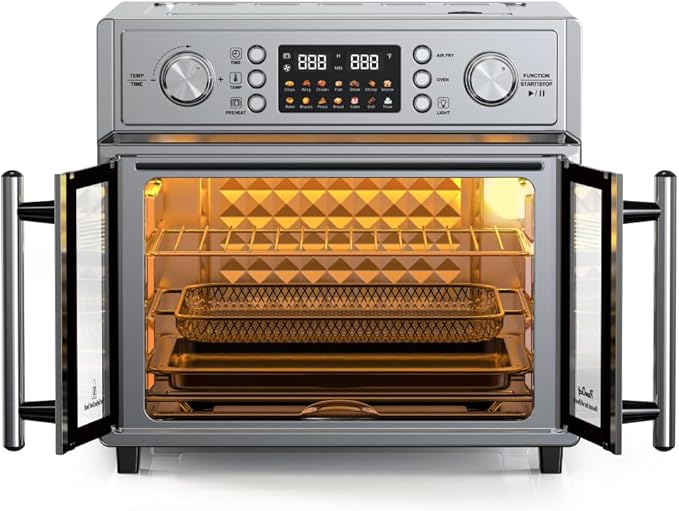 PlumChef 26QT Double-Door Air Fryer Convection Toaster Oven 1700W Large Capacity 14 Preset Menus 7-in-1 Multi-Function Stainless Steel