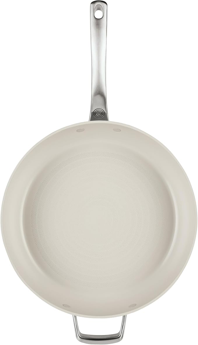 Circulon Halo with LaserDefense Ceramic Nonstick Frying Pan with Helper Handle and Lid Made without PFAS Compatible with All Stovetops Dishwasher and Oven Safe 12 Inch Skillet - Pearl White