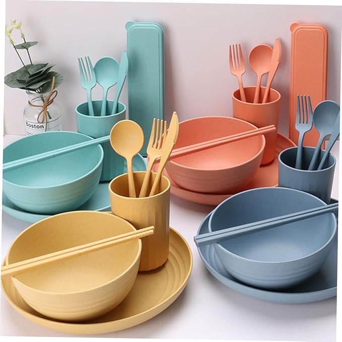 4Sets Portable Wheat Straw Cutlery Set Home Dinnerware Set with Bowls Plates Cups and Utensils Microwave and Dishwasher and Kitchen Tableware