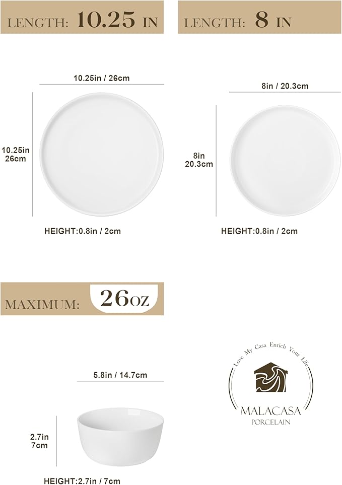 MALACASA 24 Pieces Gourmet Porcelain Dinnerware Sets Premium Plates and Bowls Set High-Fired Ceramic Dishes Set for 8 Chip &amp Scratch Resistant Microwave Dishwasher Safe White Series LEXI