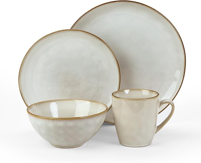 Famiware Ocean Round Plates and Bowls Sets for Kitchen 16-Piece Dinnerware Sets for 4 Mug Set for 4 Reactive Glaze Cappuccino White