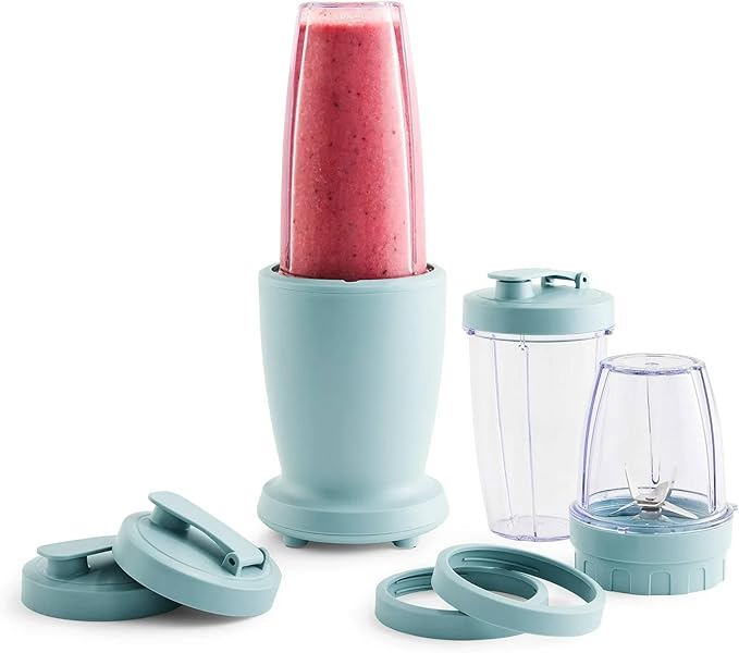 Personal Blender Set 300W 10-Piece Compact Smoothie Maker with 3 Cups (10oz 16oz 18oz) Drinking Lids and Stainless Steel Blades Blue