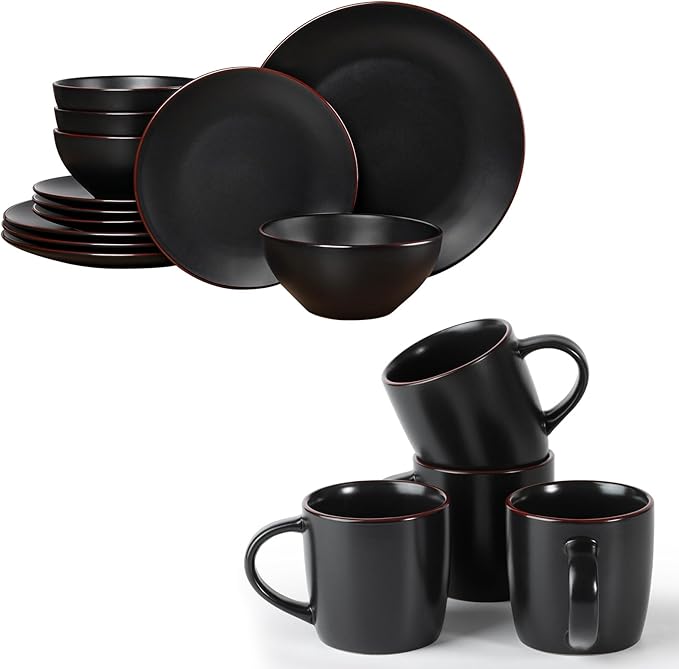 Famiware Venus Dinnerware Sets and Mercury Coffee Mugs Set of 4 16 Pieces Plates and Bowls Sets Microwave and Dishwasher Safe Black