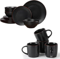 Famiware Venus Dinnerware Sets and Mercury Coffee Mugs Set of 4 16 Pieces Plates and Bowls Sets Microwave and Dishwasher Safe Black