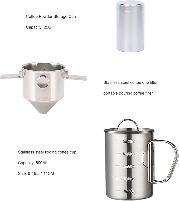 Stainless Steel Pour Over Coffee Maker Set Paperless Camping Coffee Maker with Filter and Powder Jar Foldable Travel Pour Over Coffee Cup for Outdoor Office Home
