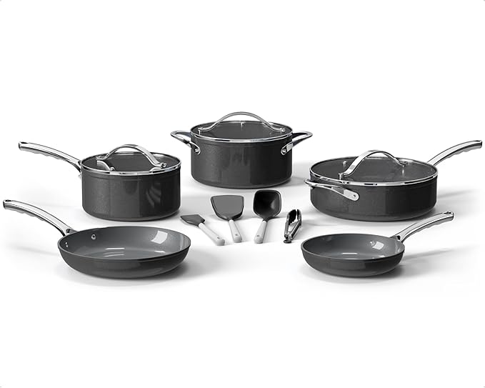 Bakken 12-Piece Aluminum Cookware Set with Ceramic Nonstick Coating PTFE &amp PFAS Free All Stovetop Safe Up To 500°F Pots and Pans Set with Lids Silicone Utensils Included Dishwasher Safe Blac