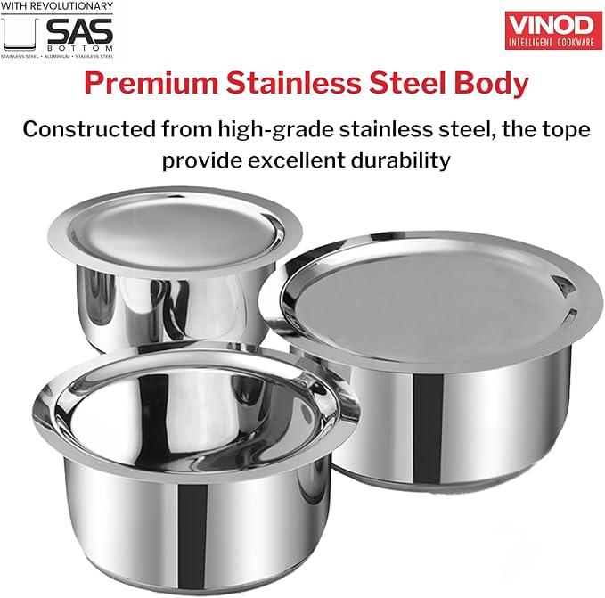 Vinod Stainless Steel 3 pc Pot Set with Capacity of 1.4 litres 1.8 litres &amp 2.2 litres with Stainless Steel Lids (Gas Stove and Induction Friendly) - Silver