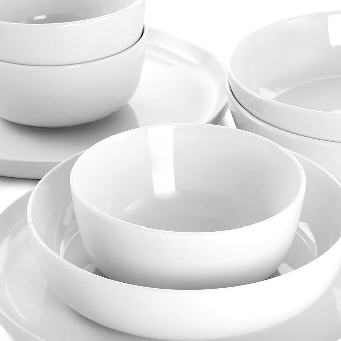 12 Piece White Ceramic Dinnerware Set – Glossy Plates and Bowls Service for 4 Microwave &amp Dishwasher Safe Tableware