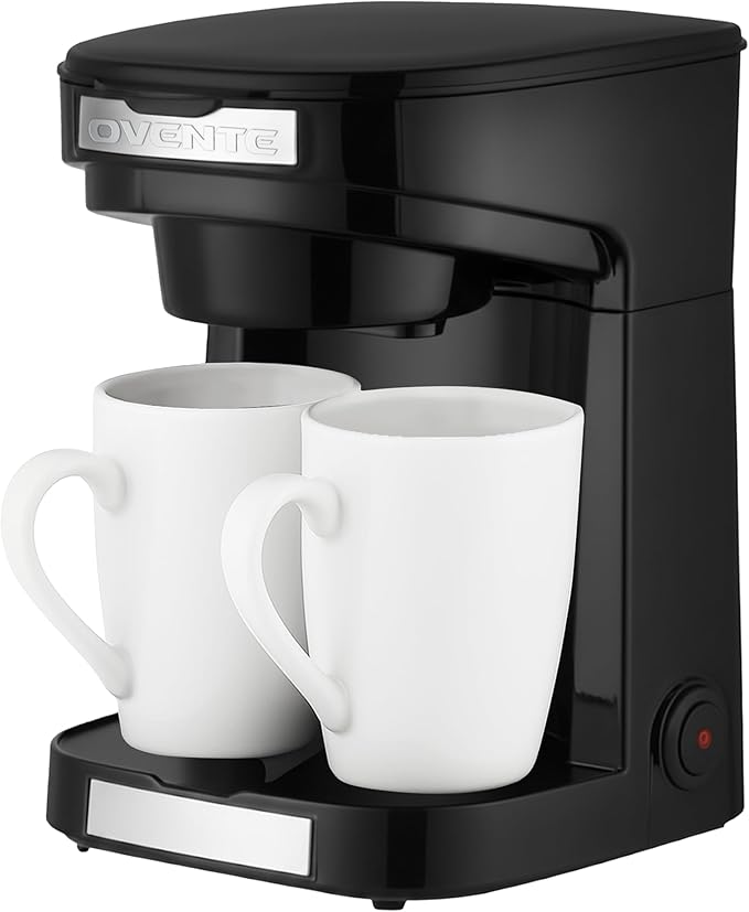 OVENTE Double Drip Coffee Maker with 2 Ceramic Mugs and Auto Shut Off Small Dual Drip Coffee Maker Machine Works with Ground Coffee Only Compact Kitchen or Office Essential Black CMDD2MB