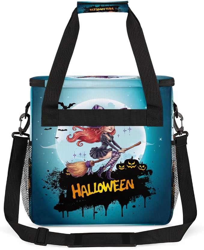 Halloween Witch Broom Moon Coffee Maker Carring Bag Travel Carrying Storage Tote Bag Compatible with Keurig K-Mini or K-Mini Plus Portable Single Serve Coffee Brewer Case with Pockets for K-cup Pods