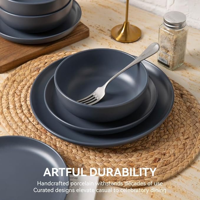 12-Piece Stoneware Dinnerware Set with Mugs Matte Glaze Microwave and Dishwasher Safe Stackable Dinner Plates and Bowls Black Service for 3