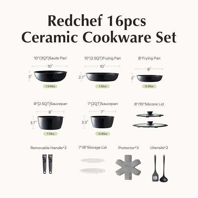 Redchef 16pcs Ceramic Pots and Pans Set Non Stick Nonstick Kitchen Cookware Set with Detachable Handle Non Toxic PFAS PFOA &amp PTFE Free RV Cookware Set for Camping Dishwasher/Oven Safe (Black)