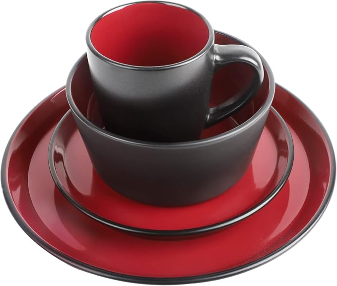 Plates and Bowls Sets 16 Pieces Dinnerware Sets Dishes Set for 4 Christmas Kitchen Set is Home Essentials Black &amp Red