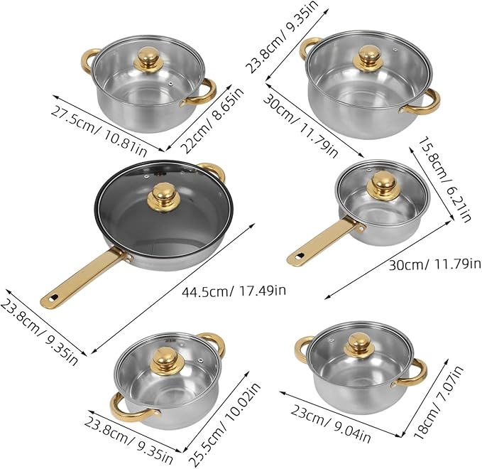 Stainless Steel Cookware Set with Lids Induction Compatible Pots and Pans for Soup Milk Frying Even Heat Distribution Multipurpose Kitchen Cookware for Family Meals