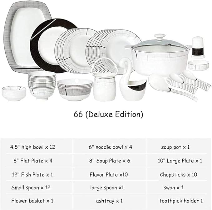 Dinnerware Sets - Luxury Gift Dishes Service Set Dinner Set 66 Pieces Porcelain Dinnerware Set Modern Black and White Overglaze Tableware Combination Suitable for 10 Persons